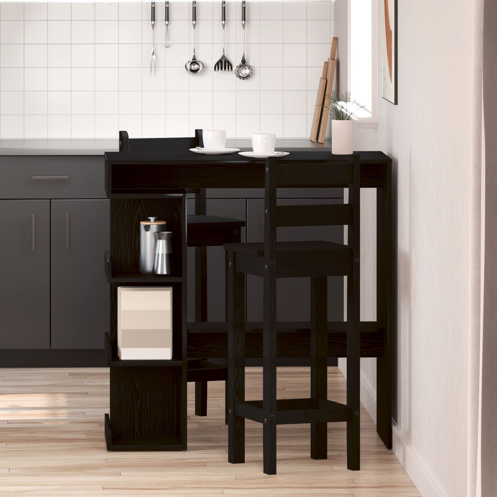 vidaXL Schwarzer Eichen-Bartisch mit Stauraum, 100x50x101,5 cm vidaXL Schwarzer Eichen-Bartisch mit Stauraum, 100x50x101,5 cm
