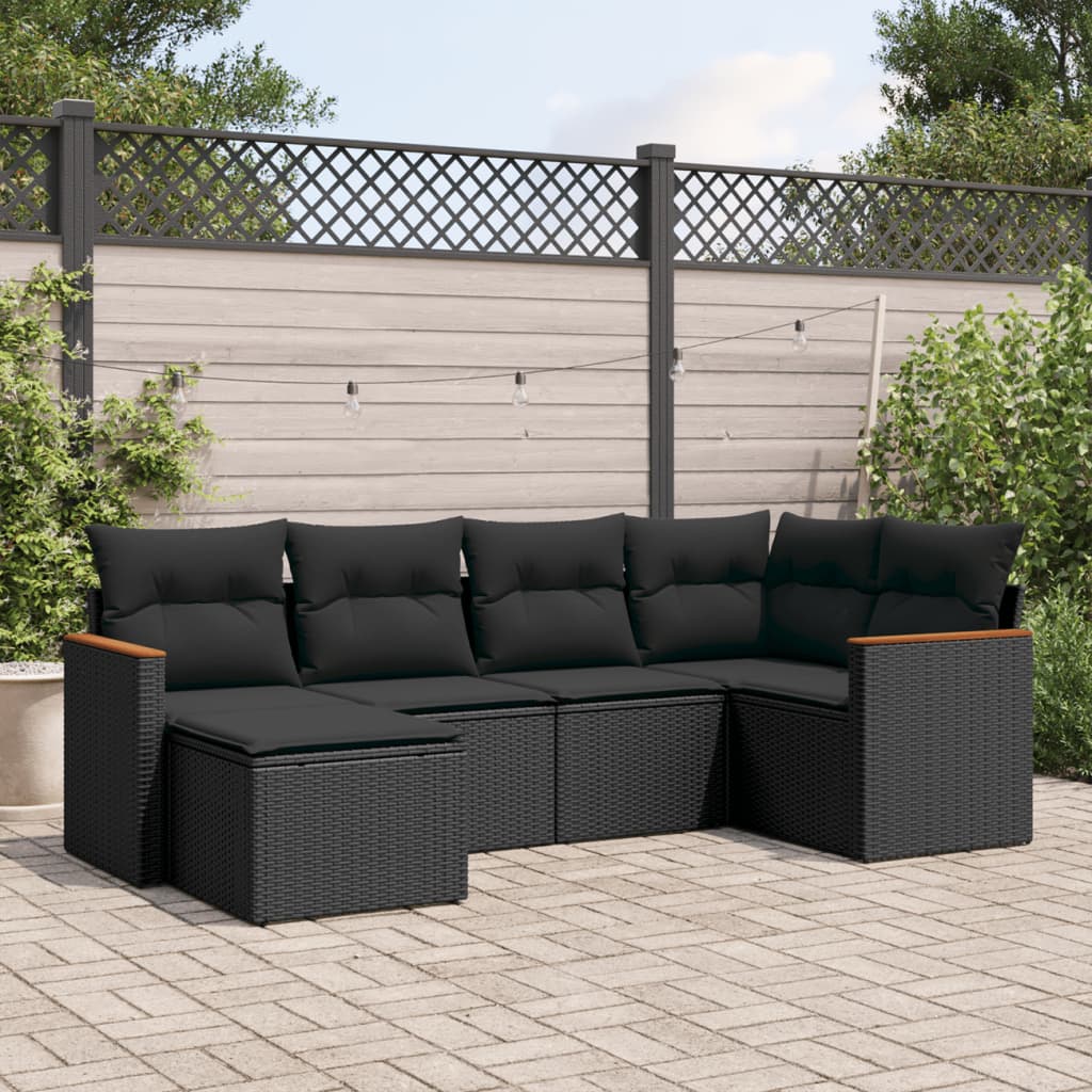 6-tlg. Garten-Sofagarnitur mit Kissen Schwarz Poly Rattan 6-tlg. Garten-Sofagarnitur mit Kissen Schwarz Poly Rattan