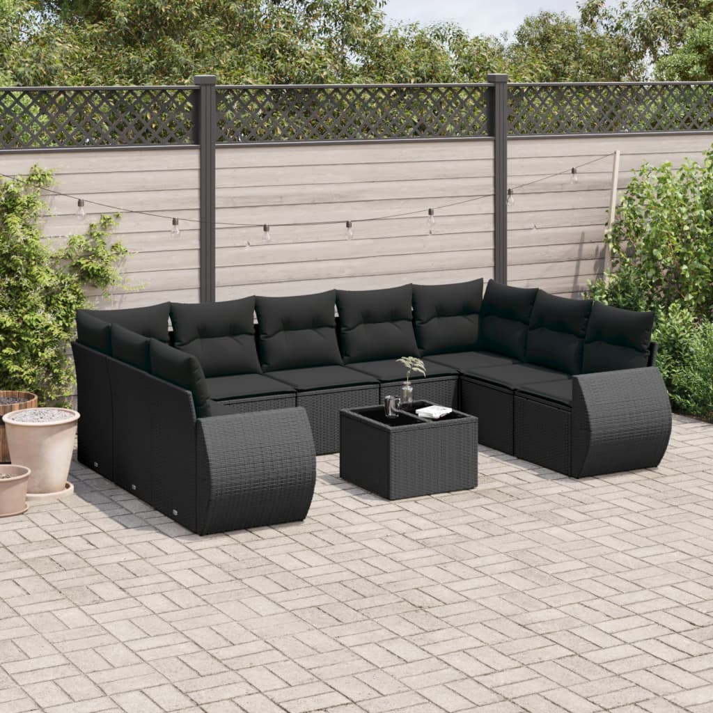 10-tlg. Garten-Sofagarnitur mit Kissen Schwarz Poly Rattan 10-tlg. Garten-Sofagarnitur mit Kissen Schwarz Poly Rattan
