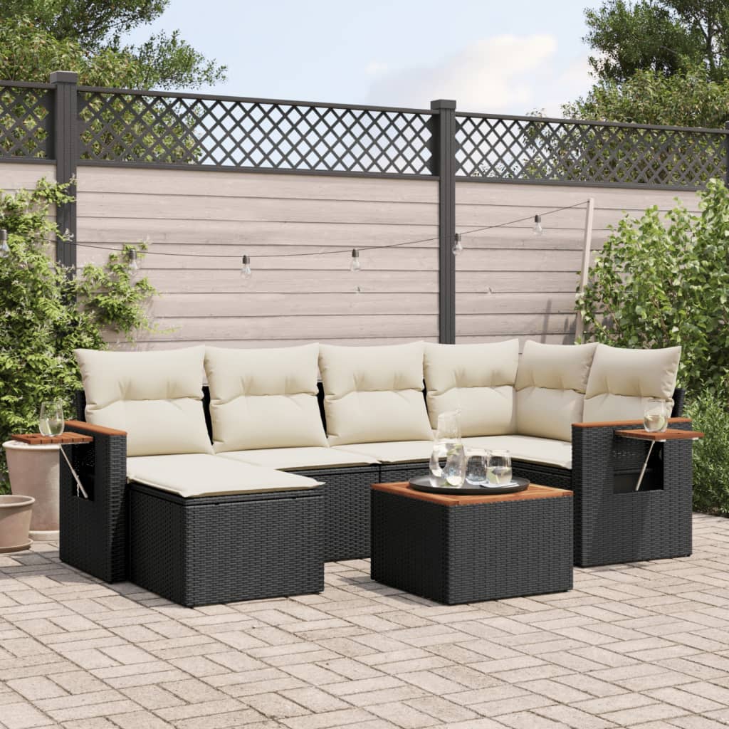 7-tlg. Garten-Sofagarnitur mit Kissen Schwarz Poly Rattan 7-tlg. Garten-Sofagarnitur mit Kissen Schwarz Poly Rattan