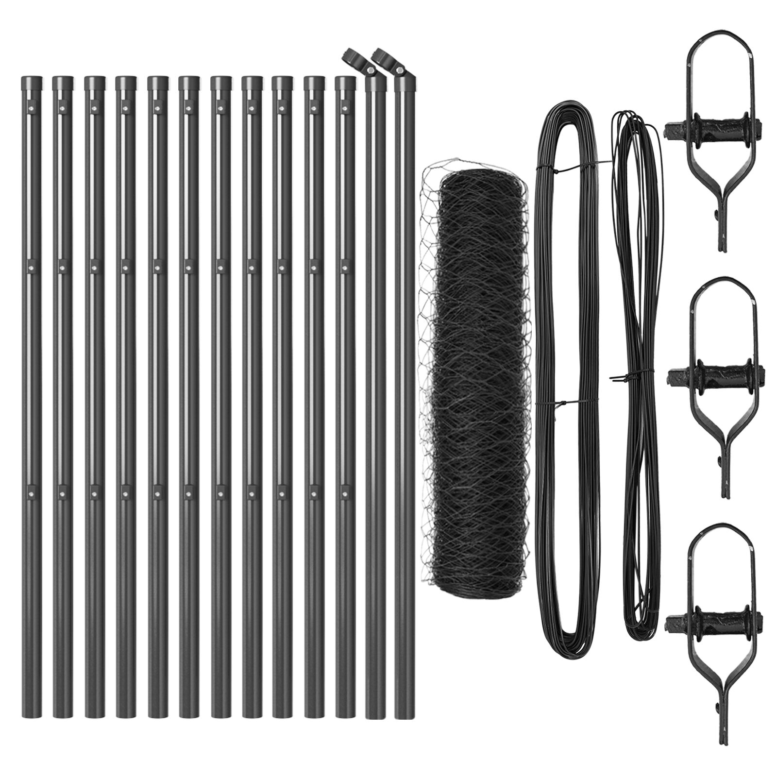 Sechseckzaun grau 0,8x25 m Stahl, Zaunpfosten 13 Stück grau Ø32 mm 120 cm verzinkter Stahl