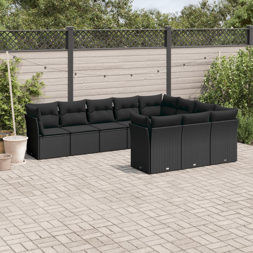 10-tlg. Garten-Sofagarnitur mit Kissen Schwarz Poly Rattan 10-tlg. Garten-Sofagarnitur mit Kissen Schwarz Poly Rattan