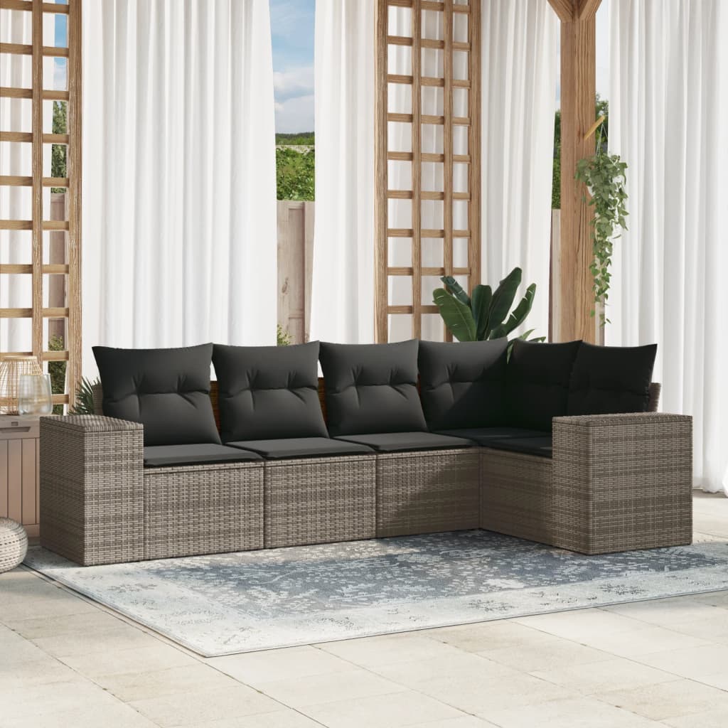 5-tlg. Garten-Sofagarnitur mit Kissen Grau Poly Rattan 5-tlg. Garten-Sofagarnitur mit Kissen Grau Poly Rattan