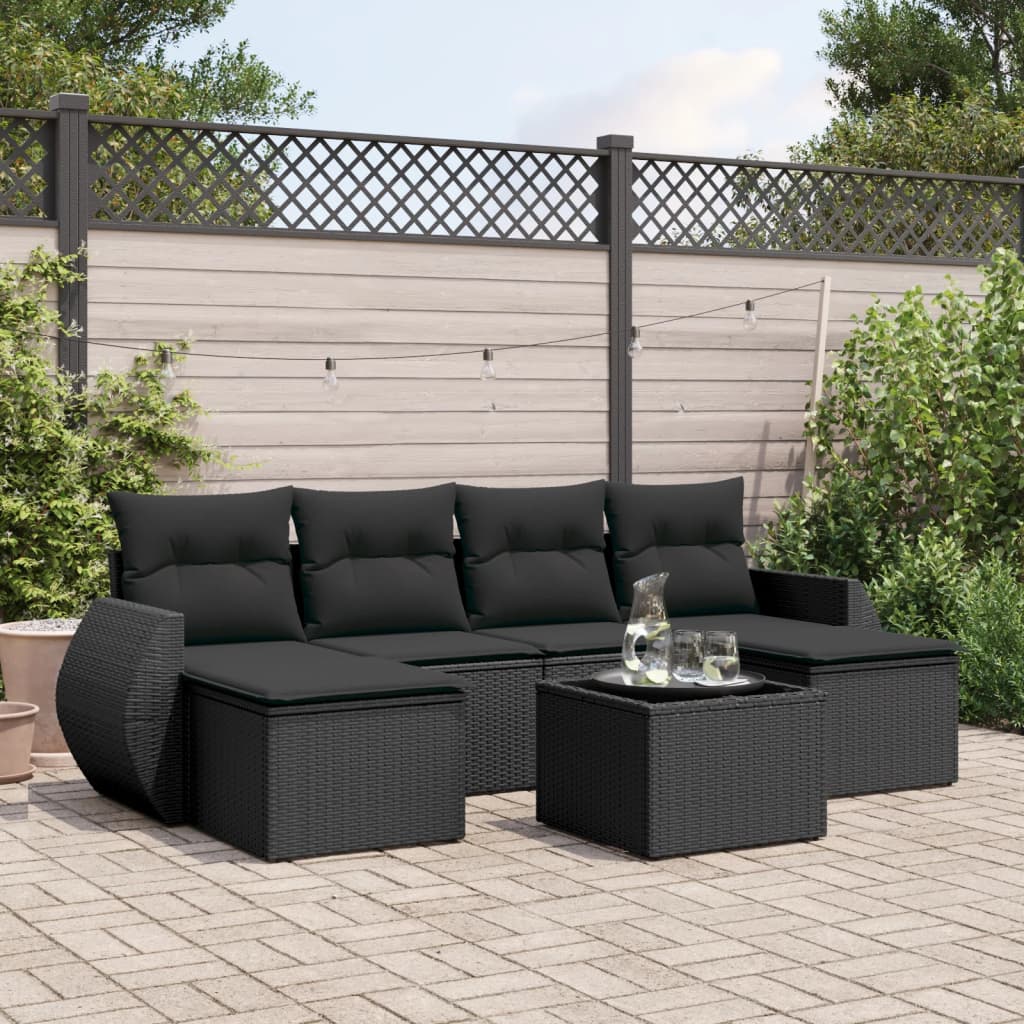 7-tlg. Garten-Sofagarnitur mit Kissen Schwarz Poly Rattan