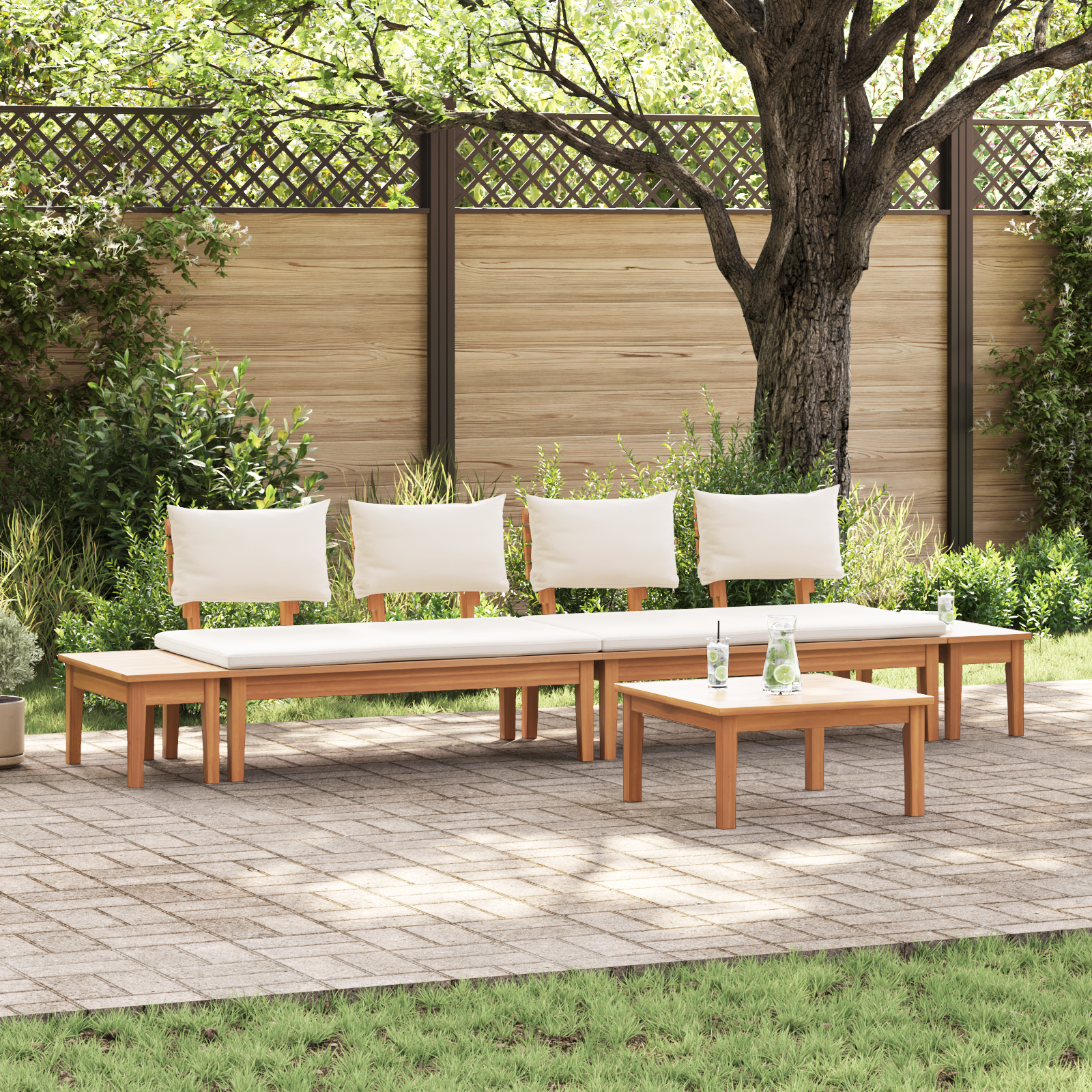 5-teiliges Gartenbank-Set mit Kissen aus massivem Teakholz 5-teiliges Gartenbank-Set mit Kissen aus massivem Teakholz