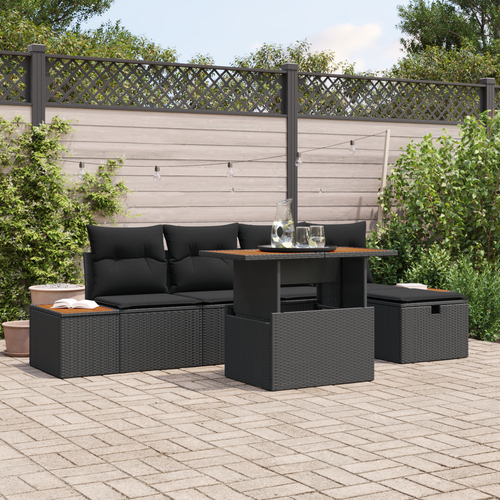 6-teiliges Garten Sofa Set mit Kissen Schwarz Poly Rattan 6-teiliges Garten Sofa Set mit Kissen Schwarz Poly Rattan