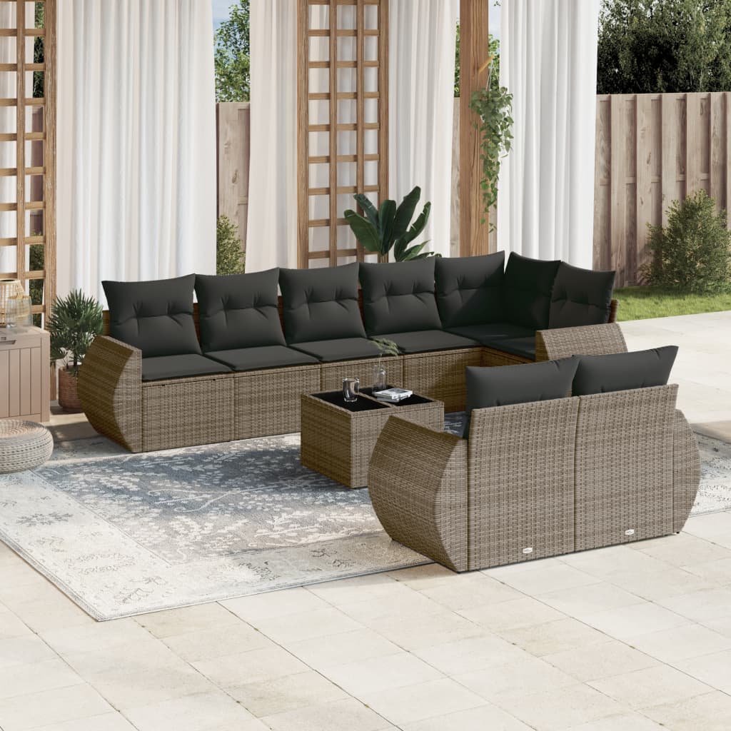 9-tlg. Garten-Sofagarnitur mit Kissen Grau Poly Rattan 9-tlg. Garten-Sofagarnitur mit Kissen Grau Poly Rattan