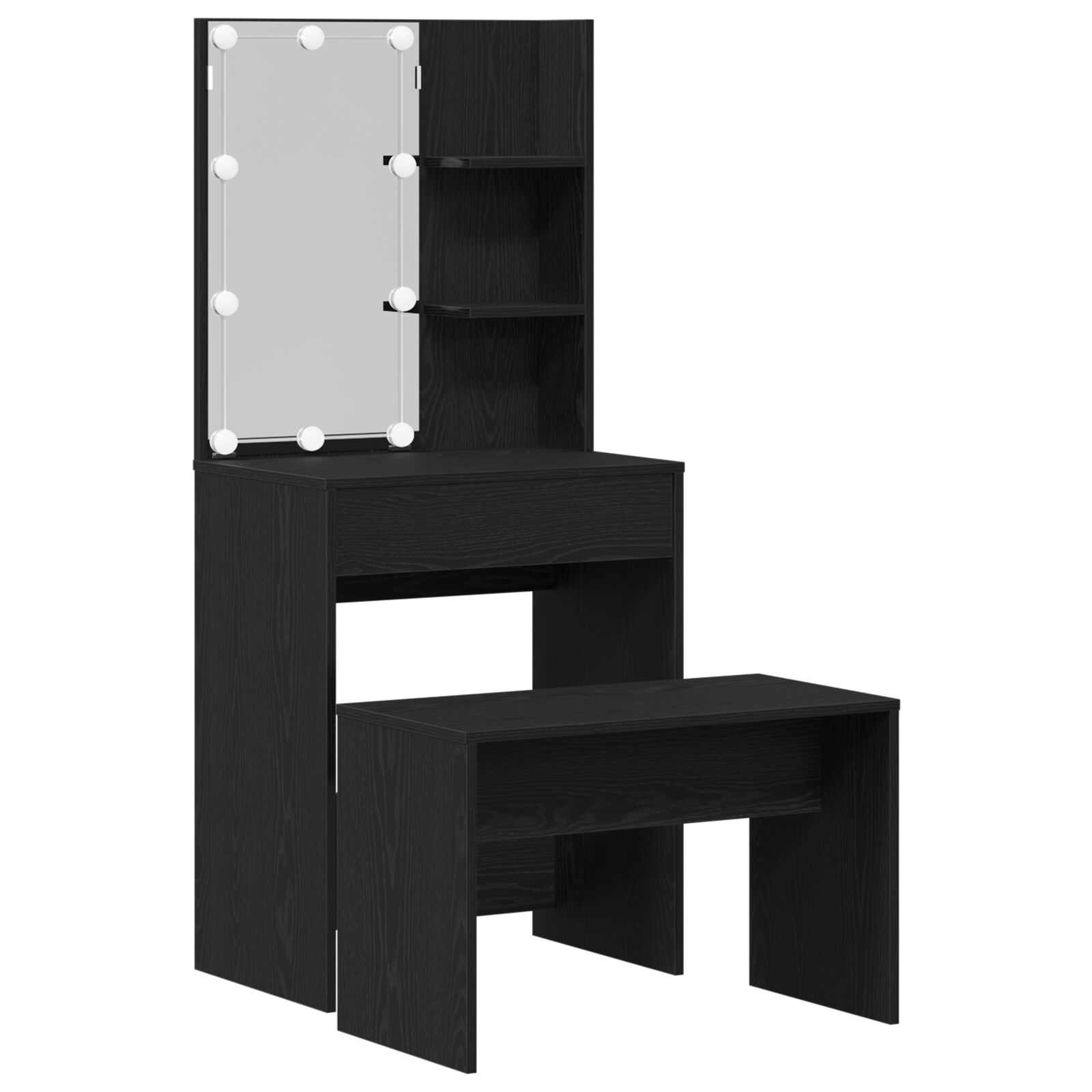 Schminktisch-Set mit LED Schwarze Eiche Holzwerkstoff, LED Schminktisch in Schwarzer Eiche, 60x40x140 cm, aus Holzwerkstoff, Schminkhocker Schwarze Eiche 70x35x45 cm Holzwerkstoff Schminktisch-Set mit LED Schwarze Eiche Holzwerkstoff, LED Schminktisch in Schwarzer Eiche, 60x40x140 cm, aus Holzwerkstoff, Schminkhocker Schwarze Eiche 70x35x45 cm Holzwerkstoff