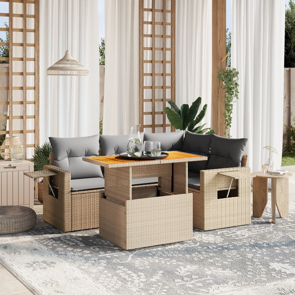 5-tlg. Garten-Sofagarnitur mit Kissen Beige Poly Rattan 5-tlg. Garten-Sofagarnitur mit Kissen Beige Poly Rattan