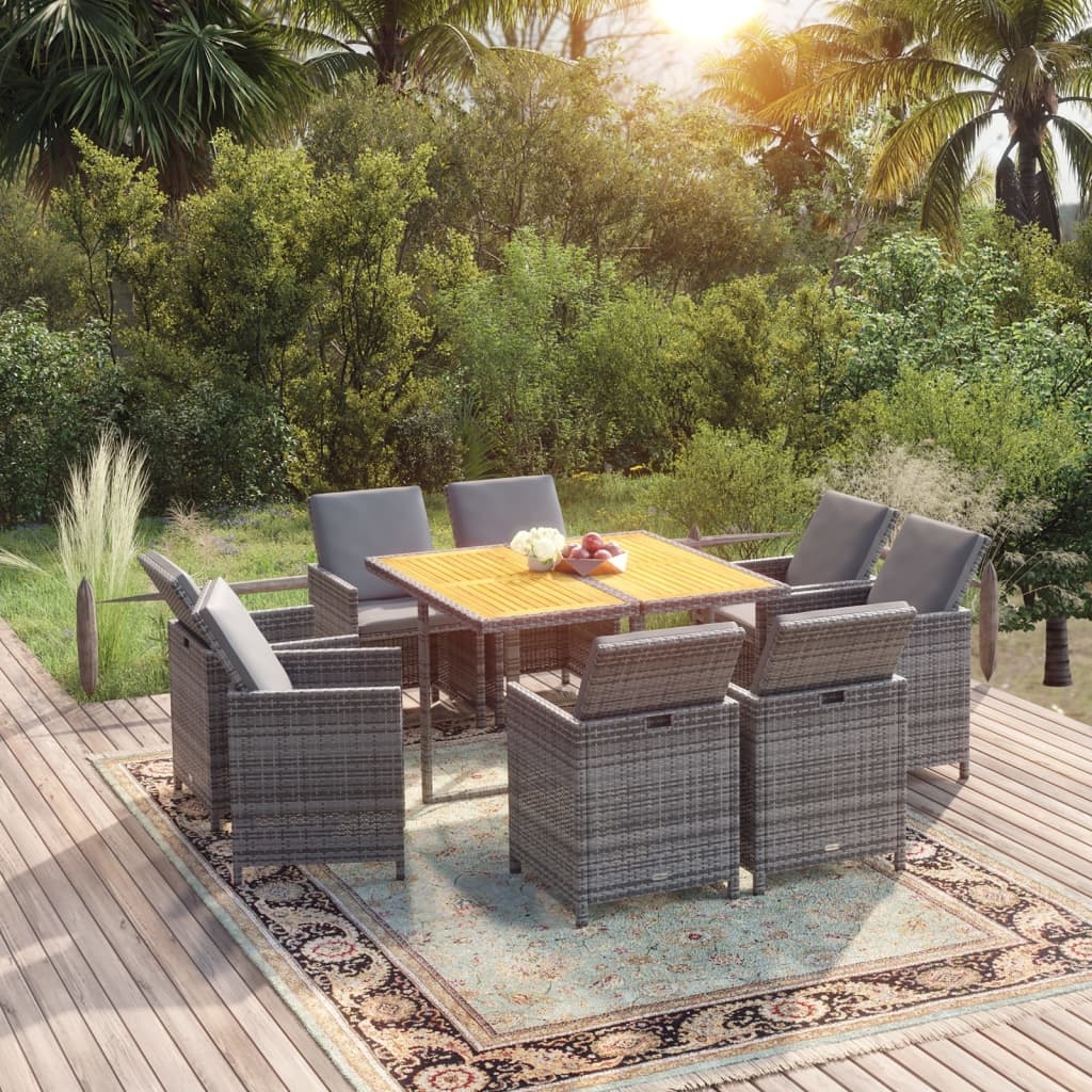 9-tlg. Garten-Essgruppe mit Kissen Poly Rattan Grau 9-tlg. Garten-Essgruppe mit Kissen Poly Rattan Grau
