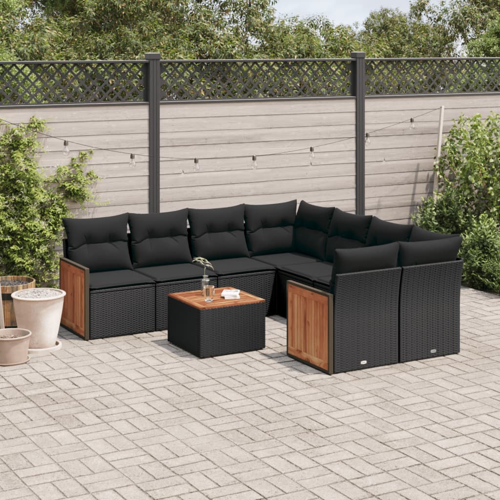 9-tlg. Garten-Sofagarnitur mit Kissen Schwarz Poly Rattan 9-tlg. Garten-Sofagarnitur mit Kissen Schwarz Poly Rattan