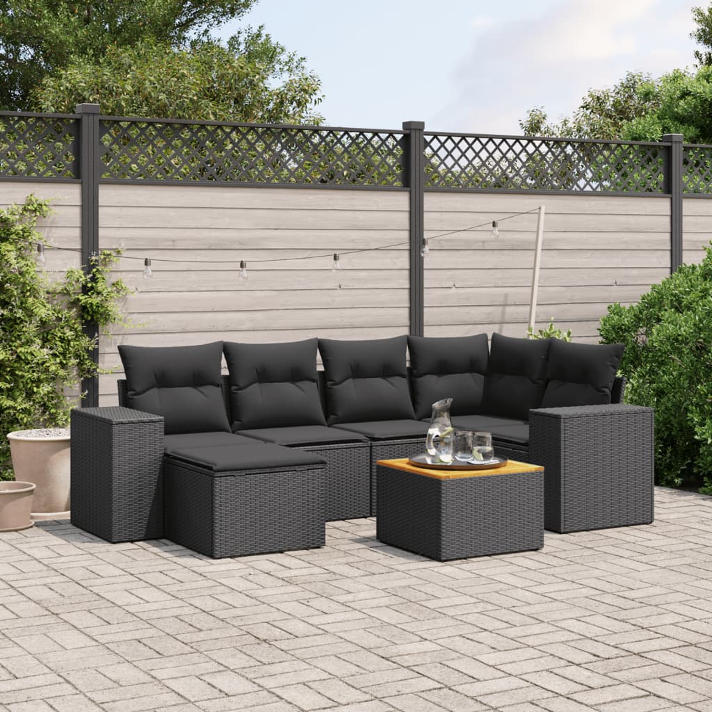 7-tlg. Garten-Sofagarnitur mit Kissen Schwarz Poly Rattan 7-tlg. Garten-Sofagarnitur mit Kissen Schwarz Poly Rattan