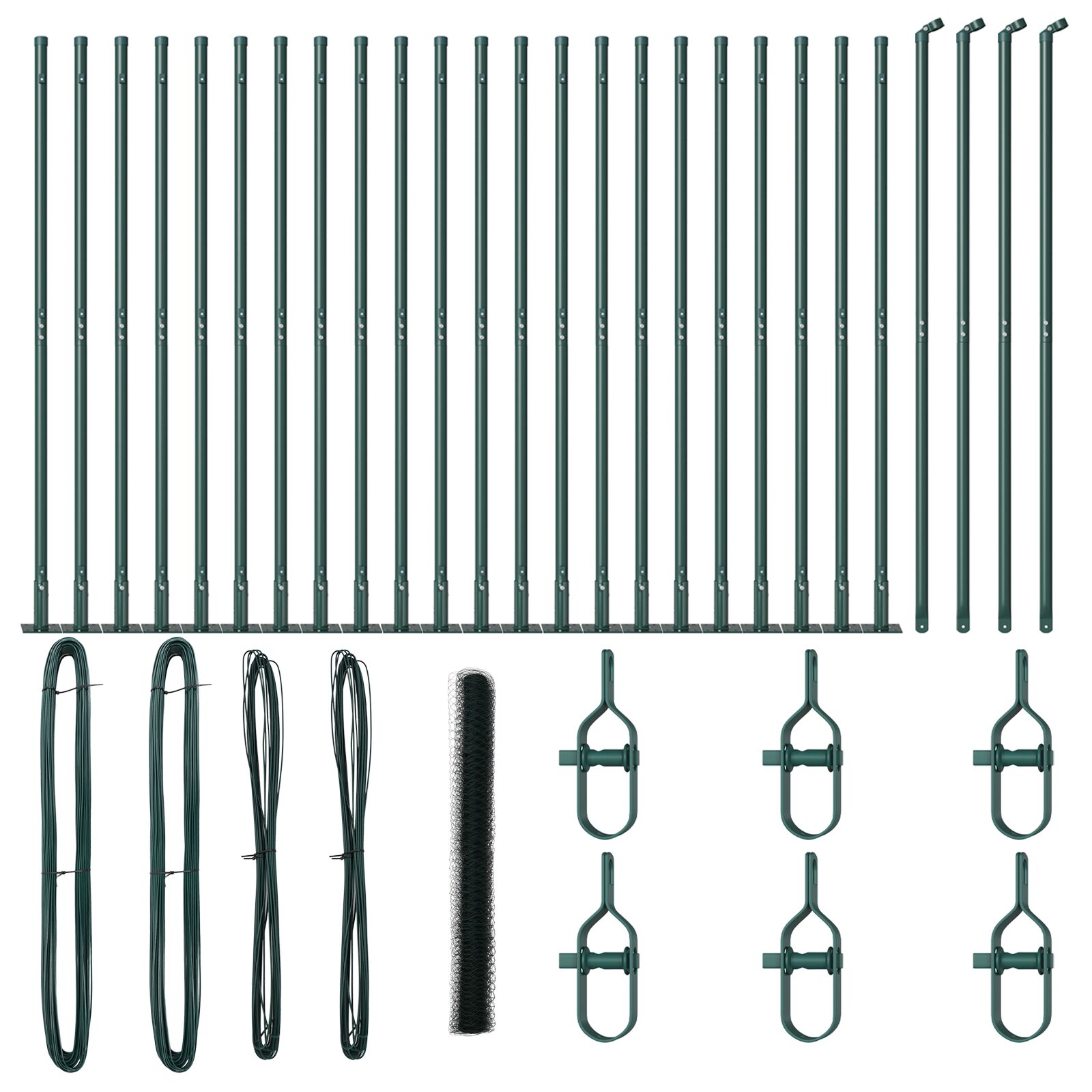 Sechseckzaun Grün 1,6x50 m Stahl, Zaunpfosten mit Fußplatten 13 Stück Ø32mm 88,5cm verzinkter Stahl