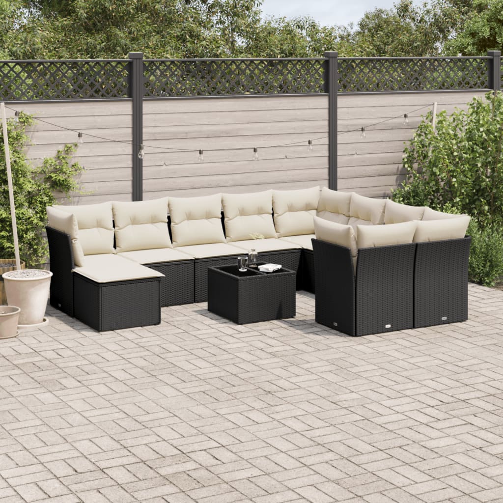 11-tlg. Garten-Sofagarnitur mit Kissen Schwarz Poly Rattan 11-tlg. Garten-Sofagarnitur mit Kissen Schwarz Poly Rattan