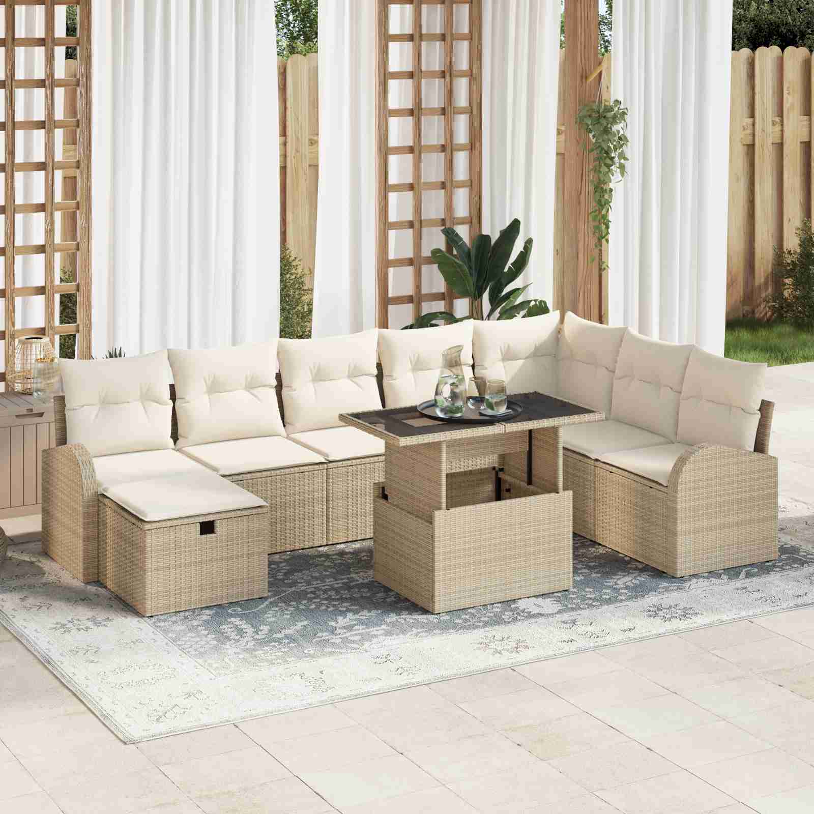 9-teiliges Garten-Sofa-Set mit Kissen Beige Poly Rattan 9-teiliges Garten-Sofa-Set mit Kissen Beige Poly Rattan