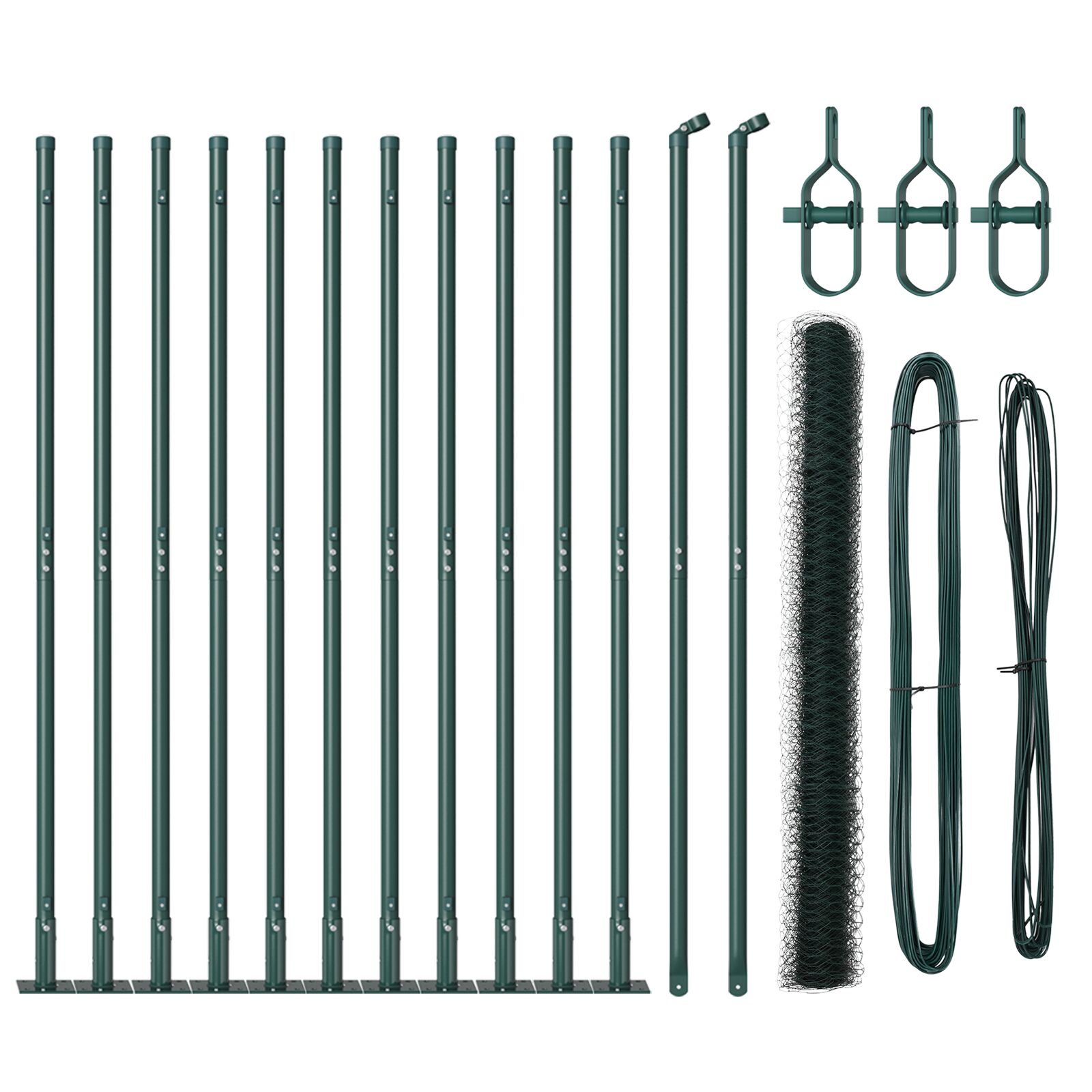 Sechseckzaun Grün 1,6x25 m Stahl, Zaunpfosten mit Fundamentplatten 13 Stück Ø32mm 88,5cm verzinkter Stahl