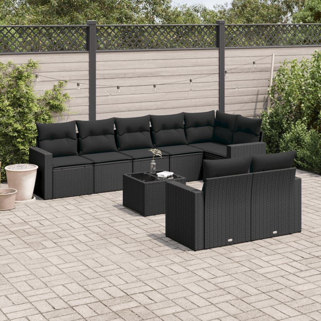 9-tlg. Garten-Sofagarnitur mit Kissen Schwarz Poly Rattan 9-tlg. Garten-Sofagarnitur mit Kissen Schwarz Poly Rattan