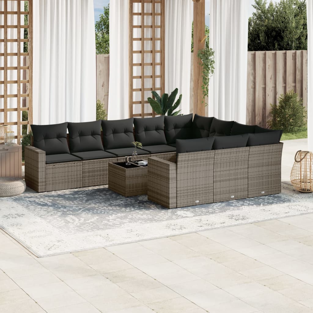11-tlg. Garten-Sofagarnitur mit Kissen Grau Poly Rattan 11-tlg. Garten-Sofagarnitur mit Kissen Grau Poly Rattan