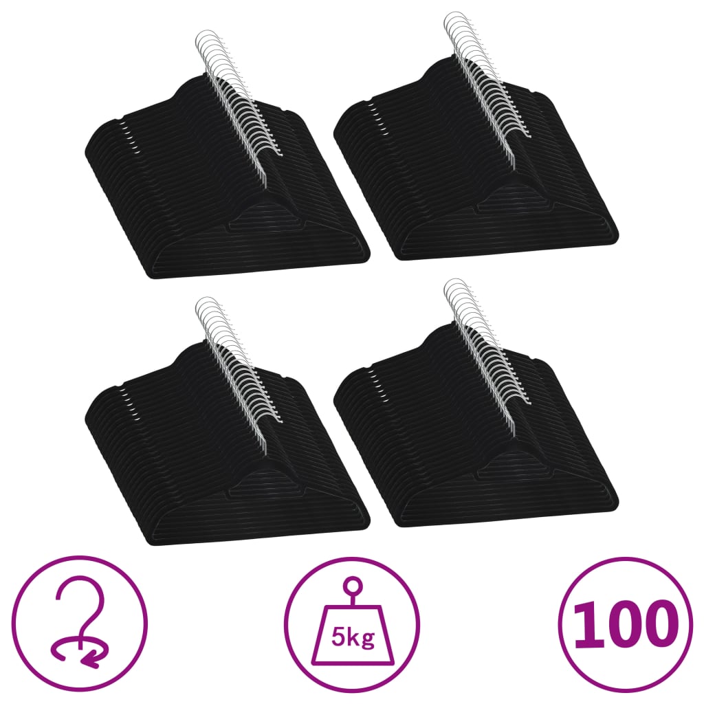 100 Stk. Kleiderbügel-Set Anti-Rutsch Schwarz Samt 100 Stk. Kleiderbügel-Set Anti-Rutsch Schwarz Samt