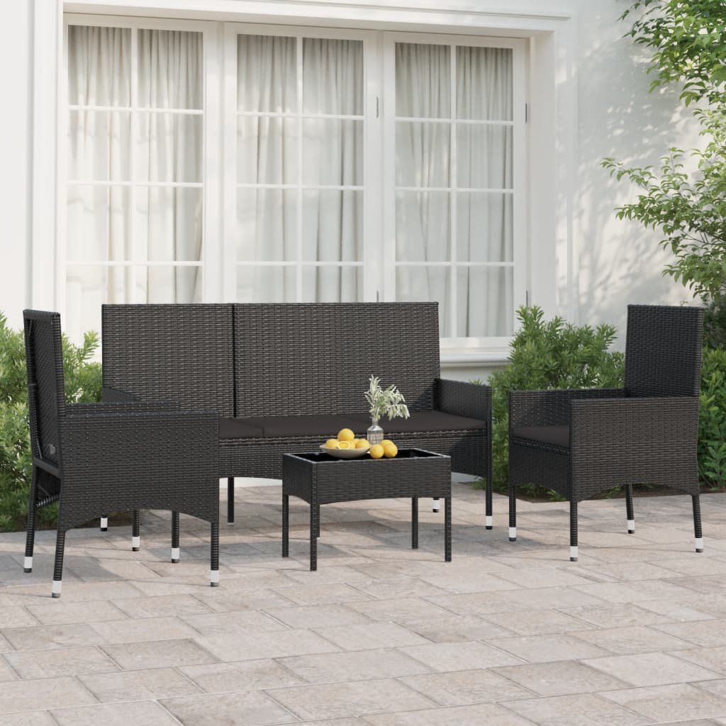 4-tlg. Garten-Lounge-Set mit Kissen Schwarz Poly Rattan 4-tlg. Garten-Lounge-Set mit Kissen Schwarz Poly Rattan