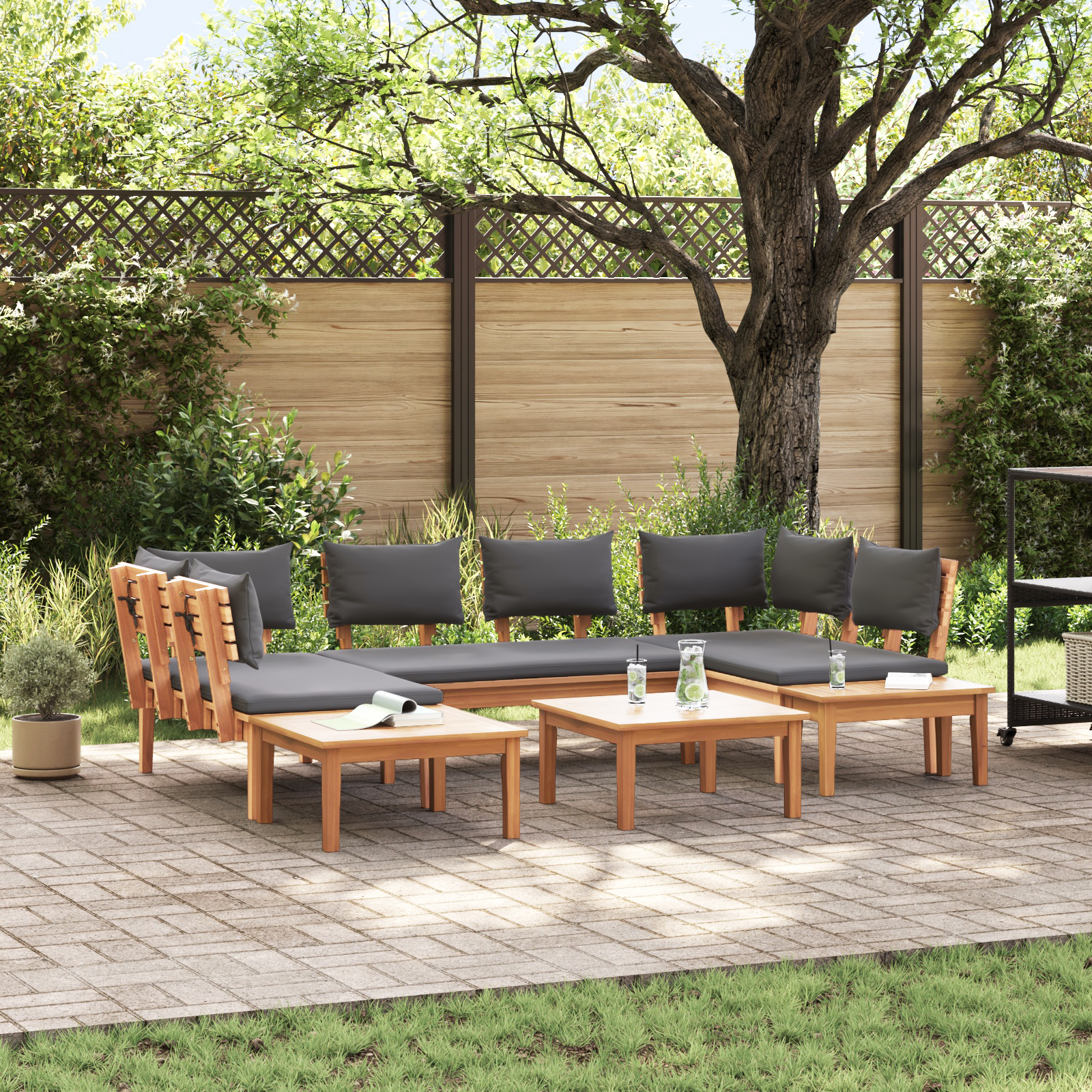 4-teiliges Gartenbank Set mit Kissen aus massivem Teakholz 4-teiliges Gartenbank Set mit Kissen aus massivem Teakholz