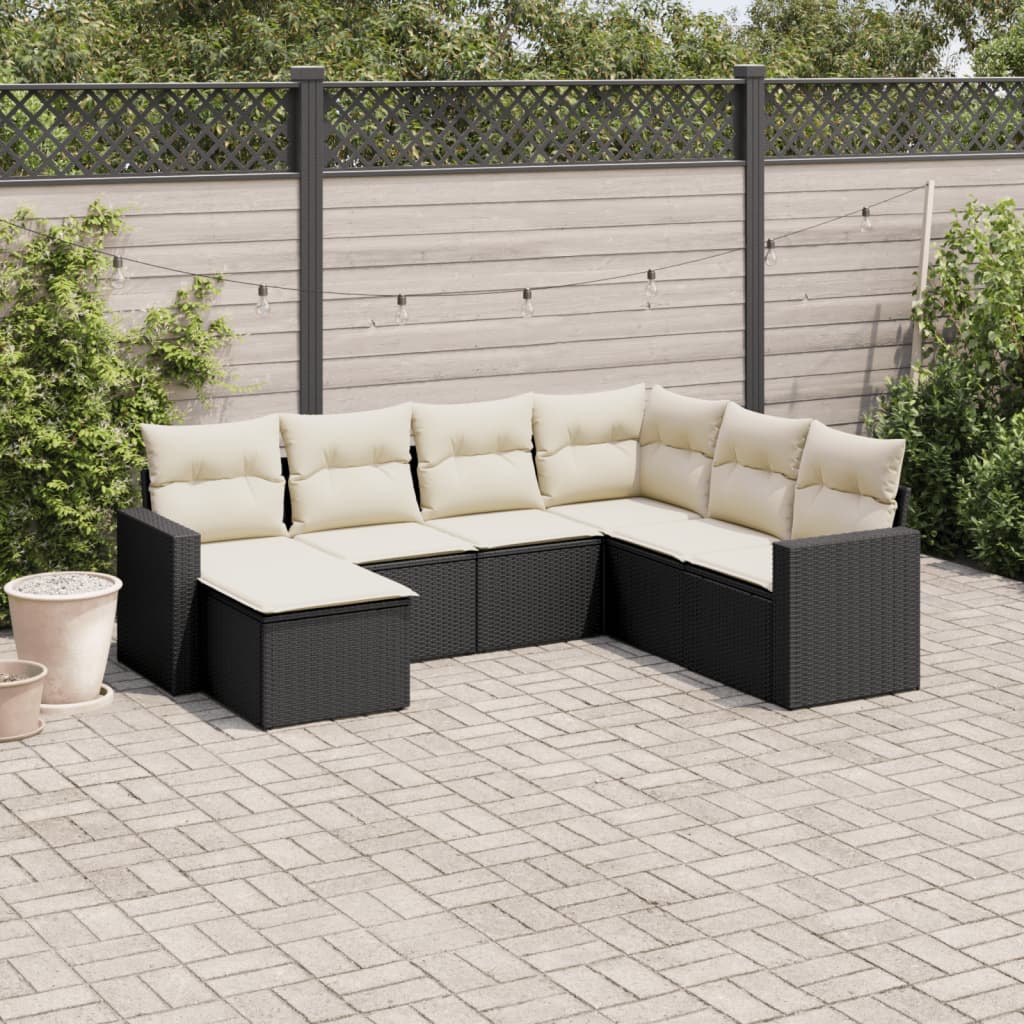 7-tlg. Garten-Sofagarnitur mit Kissen Schwarz Poly Rattan 7-tlg. Garten-Sofagarnitur mit Kissen Schwarz Poly Rattan