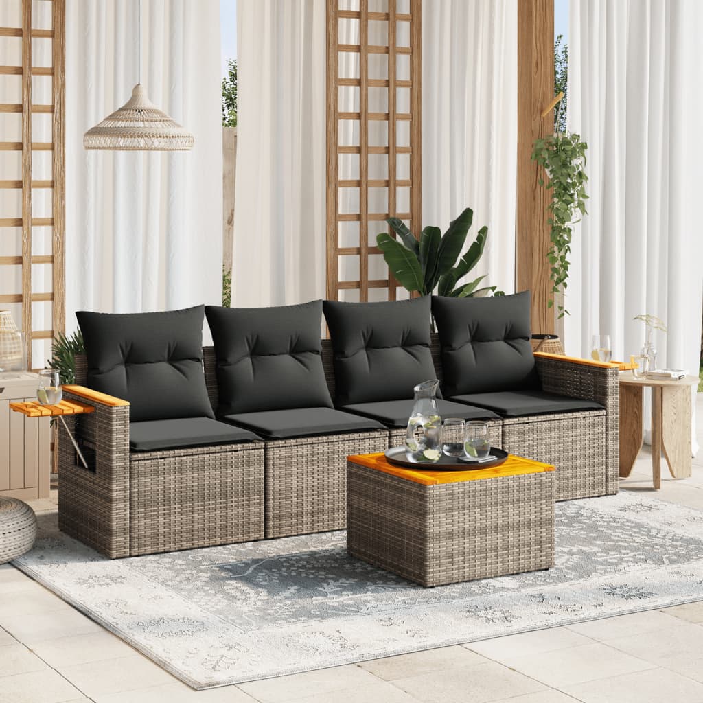 5-tlg. Garten-Sofagarnitur mit Kissen Grau Poly Rattan 5-tlg. Garten-Sofagarnitur mit Kissen Grau Poly Rattan