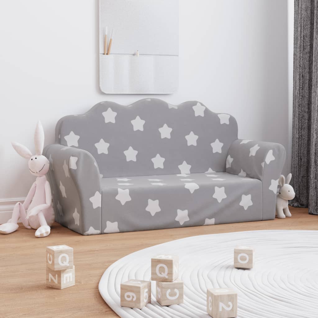 Kindersofa 2-Sitzer Hellgrau mit Sternen Weich Plüsch Kindersofa 2-Sitzer Hellgrau mit Sternen Weich Plüsch