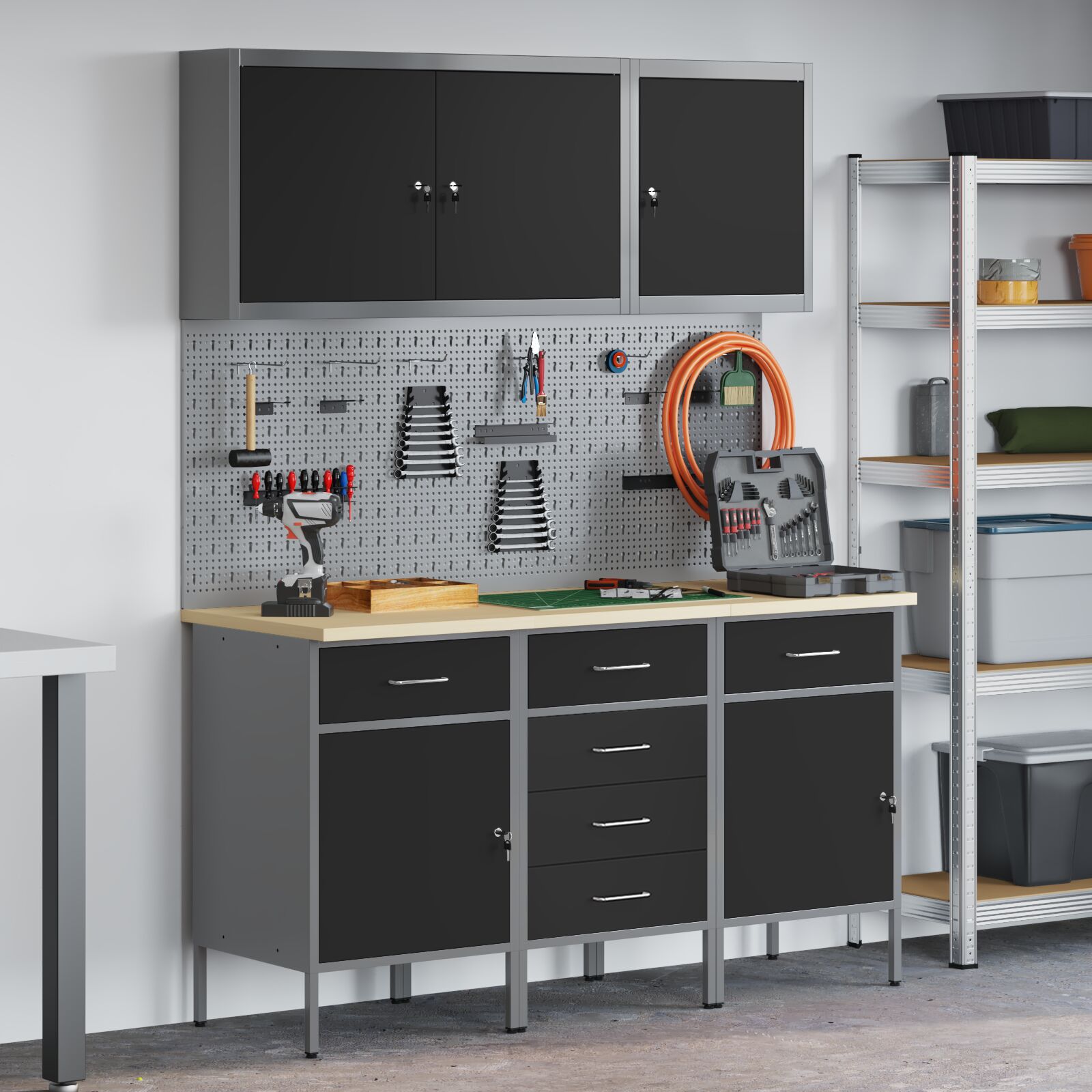 vidaXL 8-teiliges Werkbank- und Pegboard-Set schwarz aus MDF und Metall vidaXL 8-teiliges Werkbank- und Pegboard-Set schwarz aus MDF und Metall