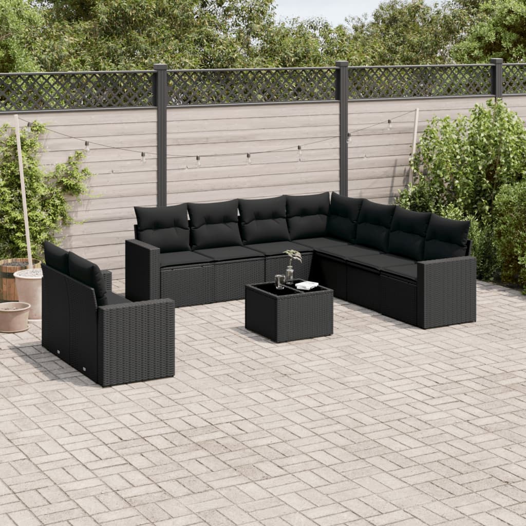10-tlg. Garten-Sofagarnitur mit Kissen Schwarz Poly Rattan 10-tlg. Garten-Sofagarnitur mit Kissen Schwarz Poly Rattan