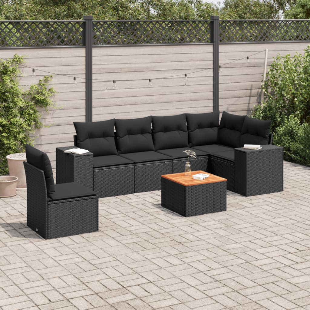 7-tlg. Garten-Sofagarnitur mit Kissen Schwarz Poly Rattan 7-tlg. Garten-Sofagarnitur mit Kissen Schwarz Poly Rattan