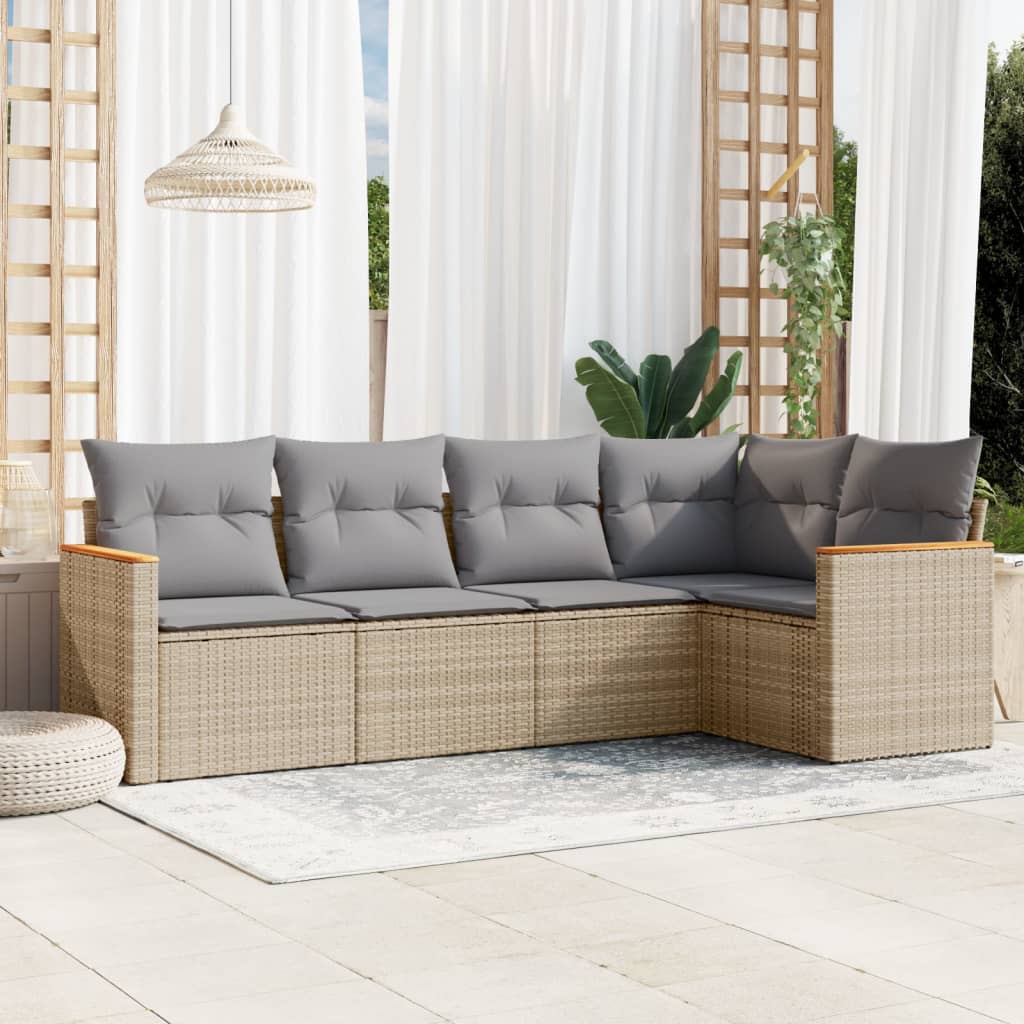 5-tlg. Garten-Sofagarnitur mit Kissen Beige Poly Rattan 5-tlg. Garten-Sofagarnitur mit Kissen Beige Poly Rattan