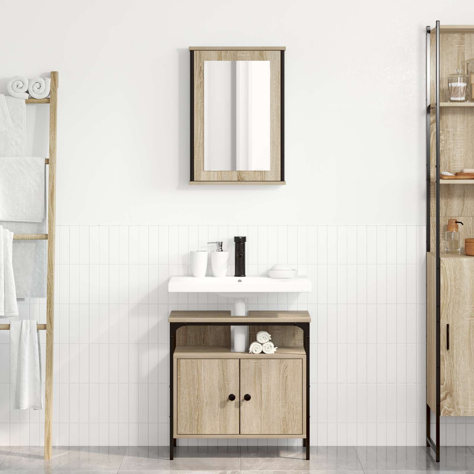 2-teiliges Badezimmer Schrank Set Sonoma Eiche Spanplatte 2-teiliges Badezimmer Schrank Set Sonoma Eiche Spanplatte