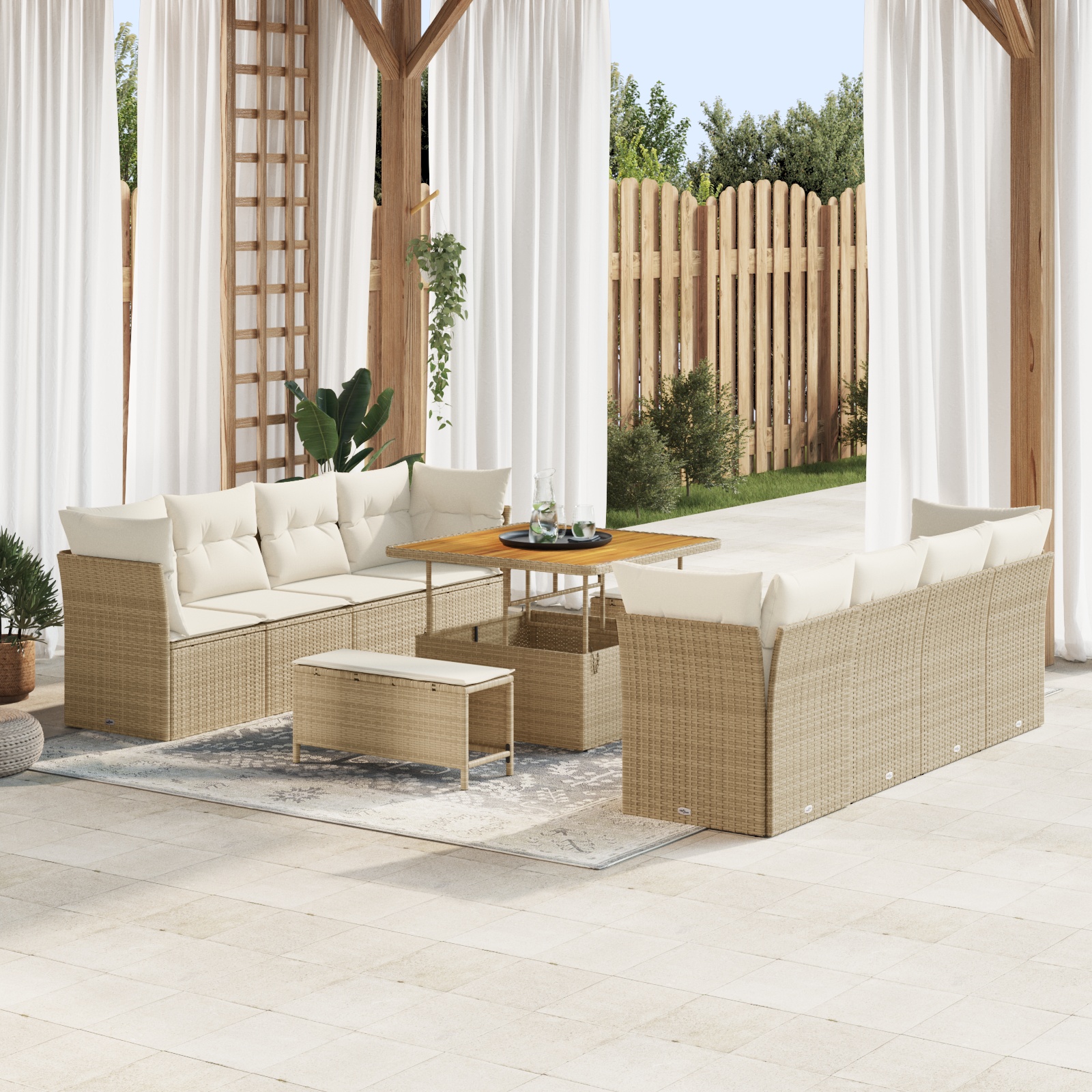 11tlg. Garten Sofa Set mit Kissen Beige Poly Rattan Akazie 11tlg. Garten Sofa Set mit Kissen Beige Poly Rattan Akazie