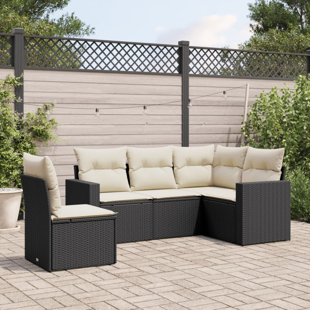 5-tlg. Garten-Sofagarnitur mit Kissen Schwarz Poly Rattan 5-tlg. Garten-Sofagarnitur mit Kissen Schwarz Poly Rattan