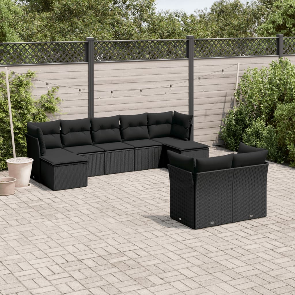 9-tlg. Garten-Sofagarnitur mit Kissen Schwarz Poly Rattan 9-tlg. Garten-Sofagarnitur mit Kissen Schwarz Poly Rattan
