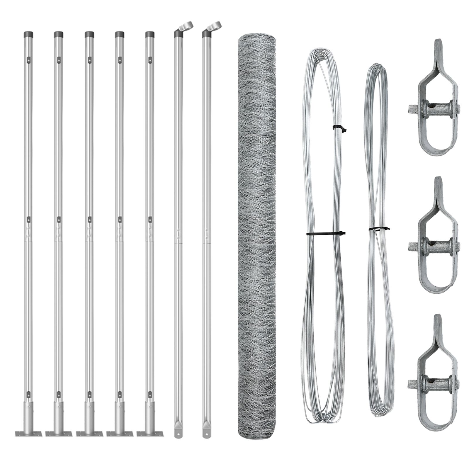 Sechseckzaun 1.4x10 m galvanisierter Stahl, Zaunpfosten mit Fußplatten 7 Stück Ø32mm 78,5cm galvanisierter Stahl