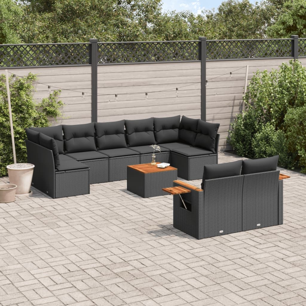 10-tlg. Garten-Sofagarnitur mit Kissen Schwarz Poly Rattan 10-tlg. Garten-Sofagarnitur mit Kissen Schwarz Poly Rattan