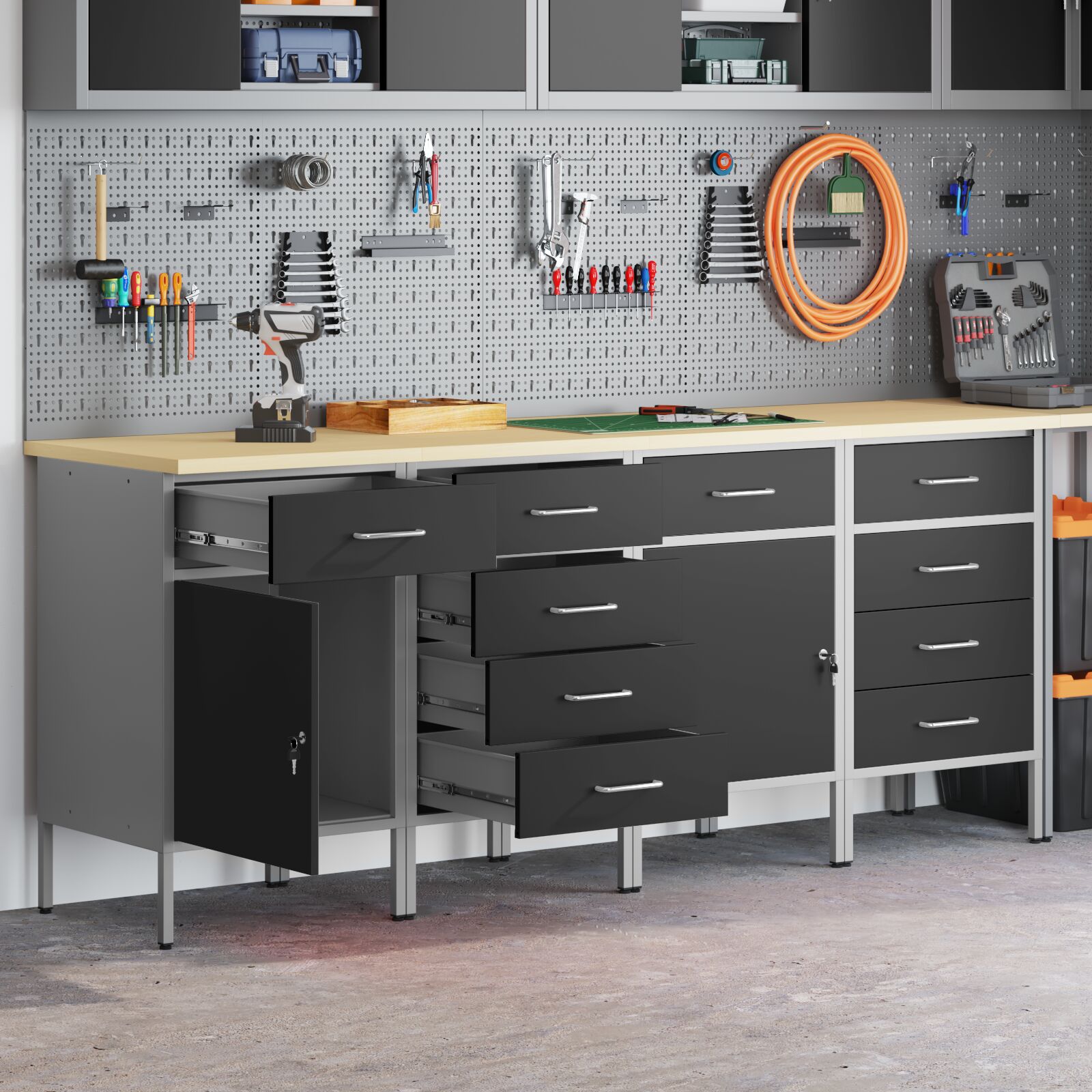 vidaXL 4-teiliges Werkstatt-Schrank-Set in Schwarz und Grau aus Holzwerkstoff und Stahl vidaXL 4-teiliges Werkstatt-Schrank-Set in Schwarz und Grau aus Holzwerkstoff und Stahl