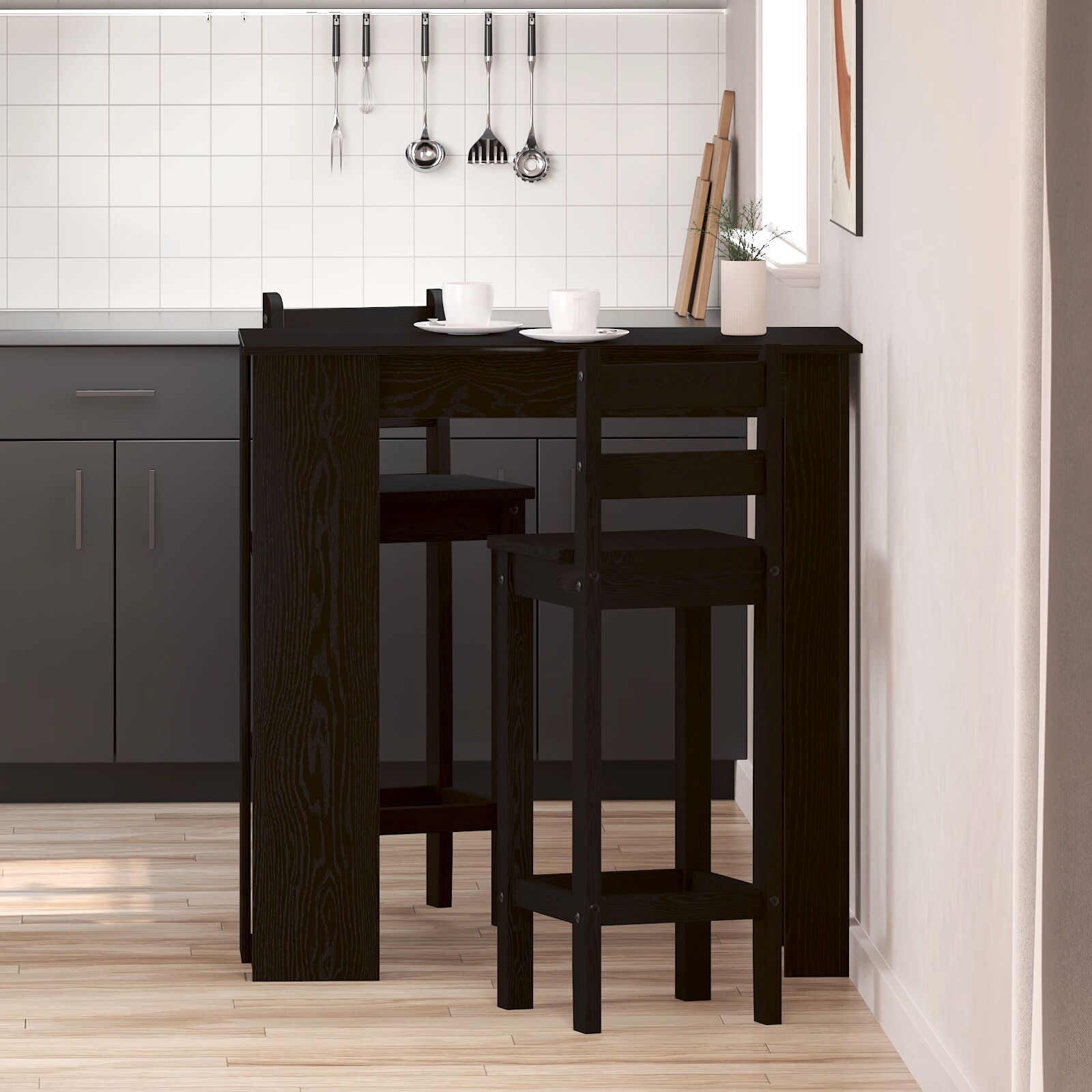 vidaXL Bartisch mit Regal - Schwarz Eiche, 102x50x103,5 cm, Hergestellt aus Holzwerkstoff vidaXL Bartisch mit Regal - Schwarz Eiche, 102x50x103,5 cm, Hergestellt aus Holzwerkstoff