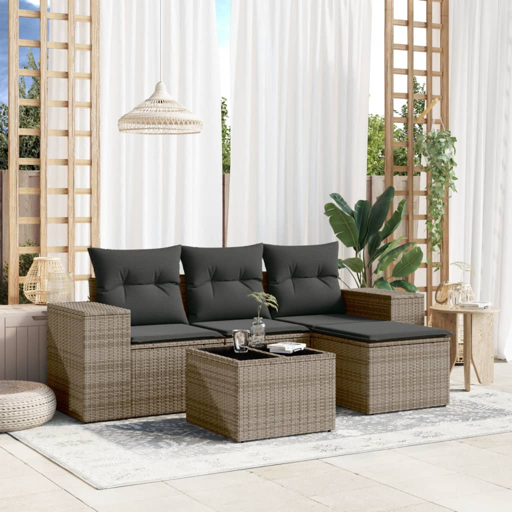 5-tlg. Garten-Sofagarnitur mit Kissen Grau Poly Rattan 5-tlg. Garten-Sofagarnitur mit Kissen Grau Poly Rattan