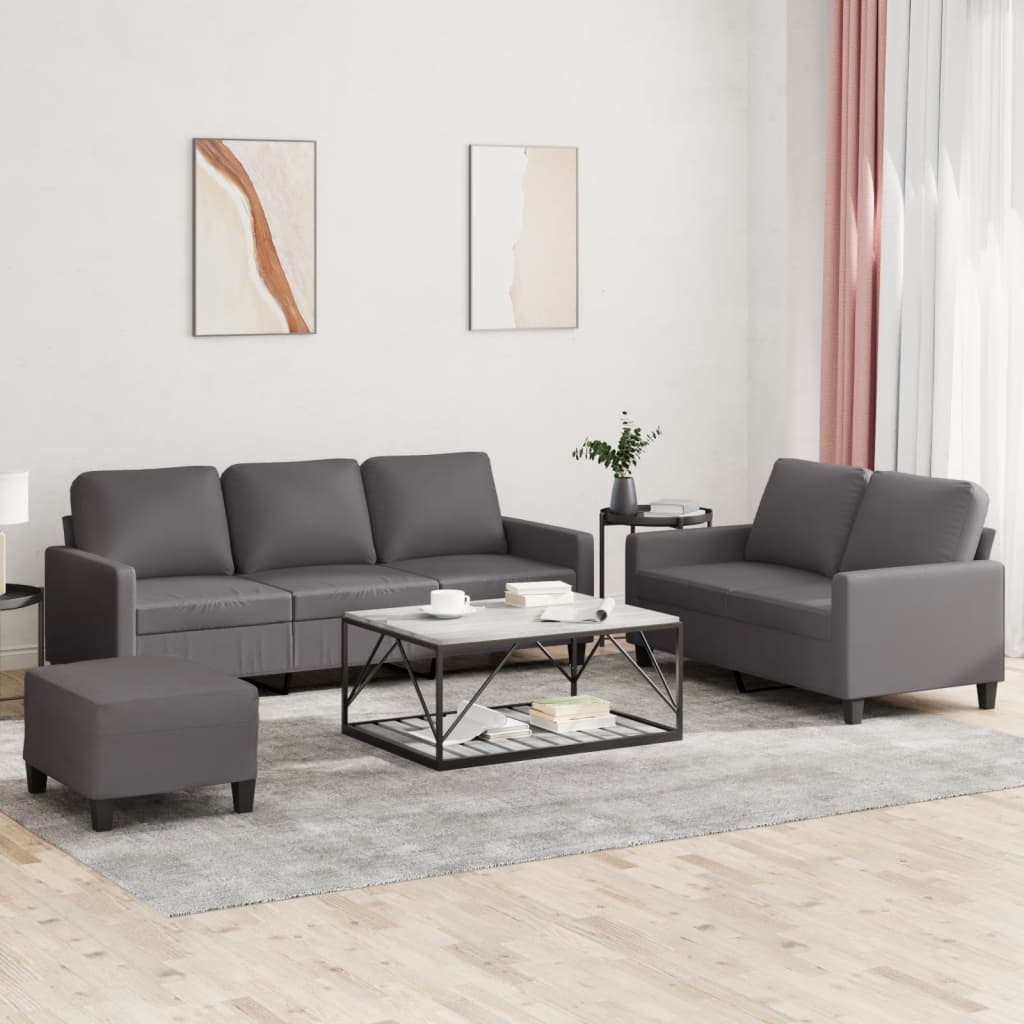 3-tlg. Sofagarnitur mit Kissen Grau Kunstleder 3-tlg. Sofagarnitur mit Kissen Grau Kunstleder