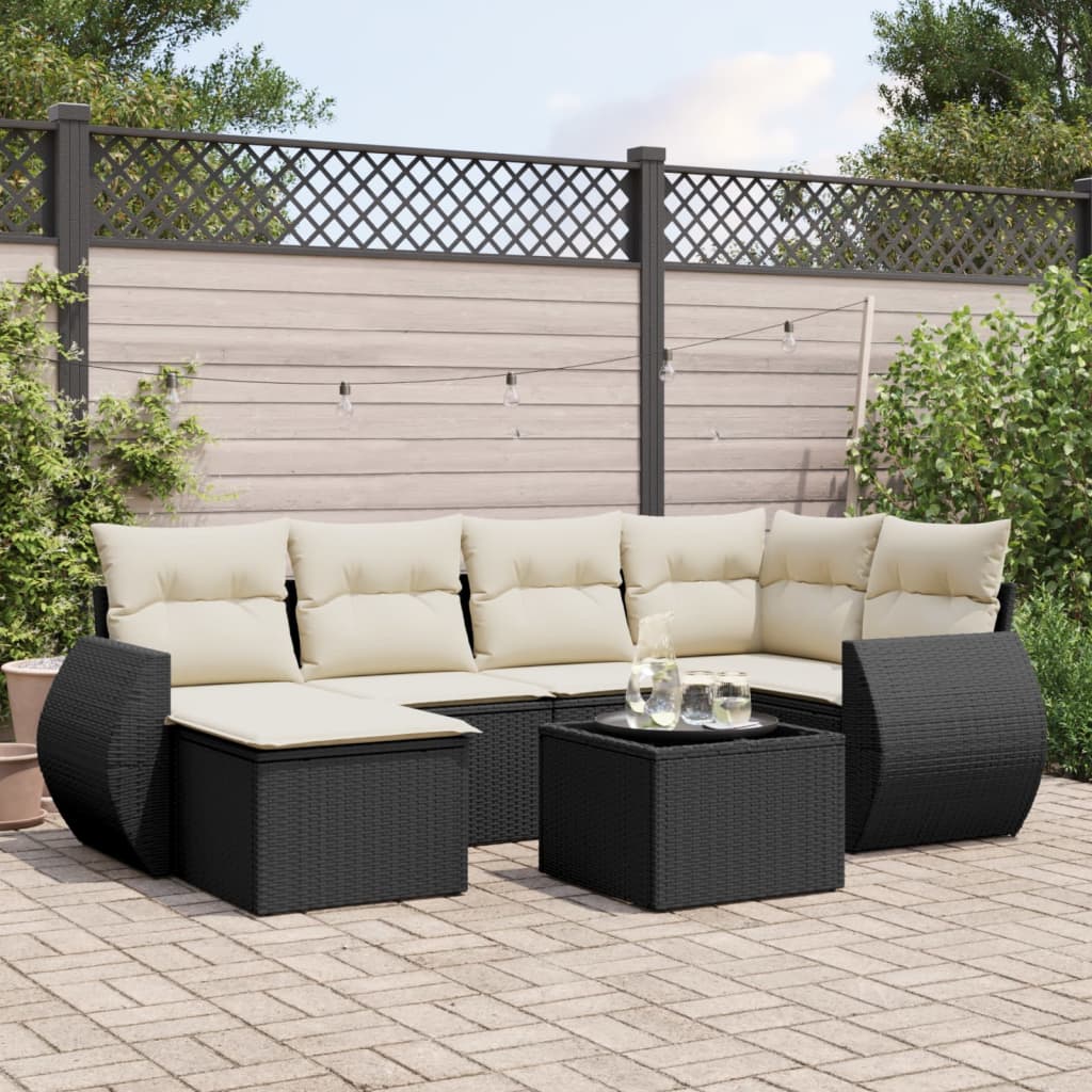 7-tlg. Garten-Sofagarnitur mit Kissen Schwarz Poly Rattan 7-tlg. Garten-Sofagarnitur mit Kissen Schwarz Poly Rattan
