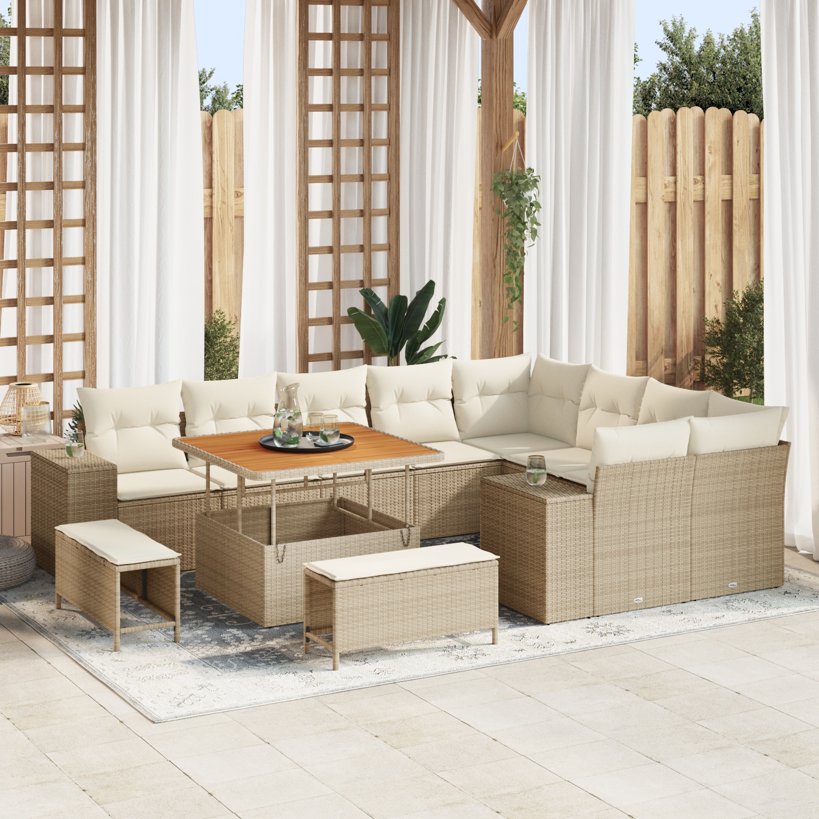 12-teiliges Garten-Sofa-Set mit Kissen Beige Poly Rattan Akazie 12-teiliges Garten-Sofa-Set mit Kissen Beige Poly Rattan Akazie