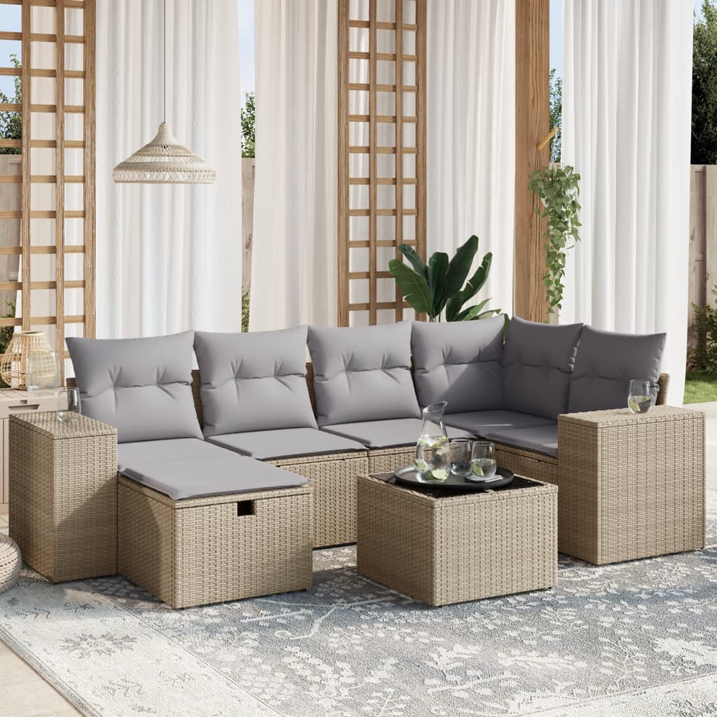 7-tlg. Garten-Sofagarnitur mit Kissen Beige Poly Rattan 7-tlg. Garten-Sofagarnitur mit Kissen Beige Poly Rattan