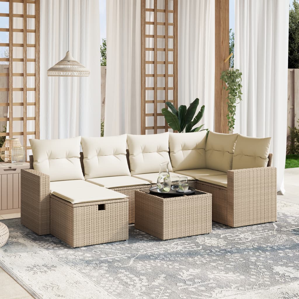 7-tlg. Garten-Sofagarnitur mit Kissen Beige Poly Rattan 7-tlg. Garten-Sofagarnitur mit Kissen Beige Poly Rattan