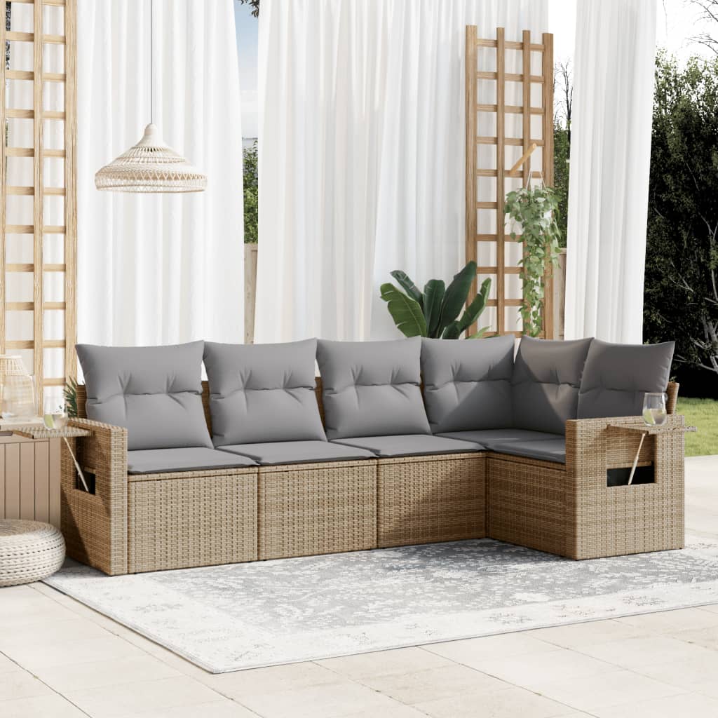 5-tlg. Garten-Sofagarnitur mit Kissen Beige Poly Rattan 5-tlg. Garten-Sofagarnitur mit Kissen Beige Poly Rattan