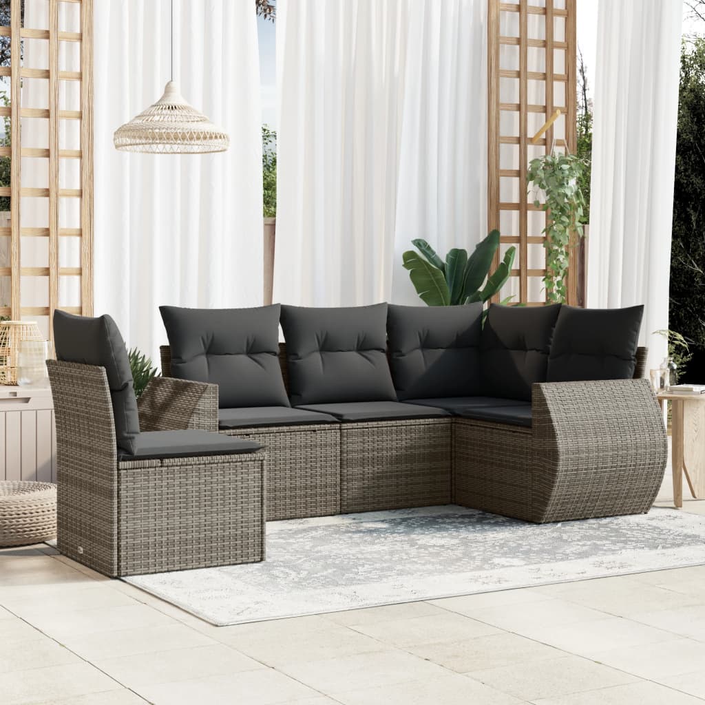 5-tlg. Garten-Sofagarnitur mit Kissen Grau Poly Rattan 5-tlg. Garten-Sofagarnitur mit Kissen Grau Poly Rattan