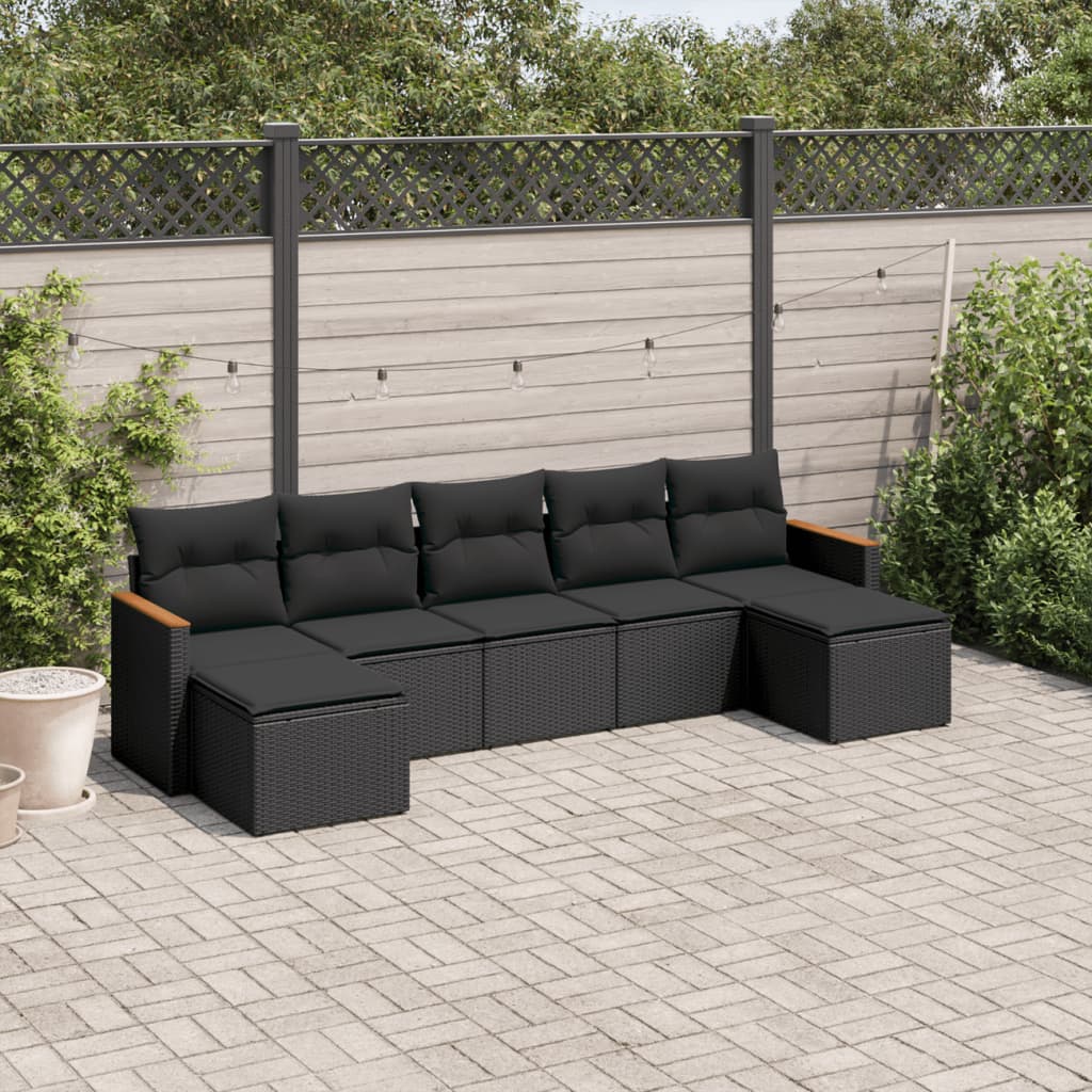 7-tlg. Garten-Sofagarnitur mit Kissen Schwarz Poly Rattan 7-tlg. Garten-Sofagarnitur mit Kissen Schwarz Poly Rattan