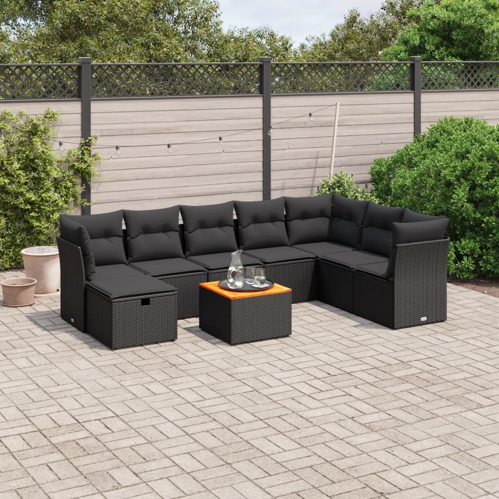 9-tlg. Garten-Sofagarnitur mit Kissen Schwarz Poly Rattan 9-tlg. Garten-Sofagarnitur mit Kissen Schwarz Poly Rattan
